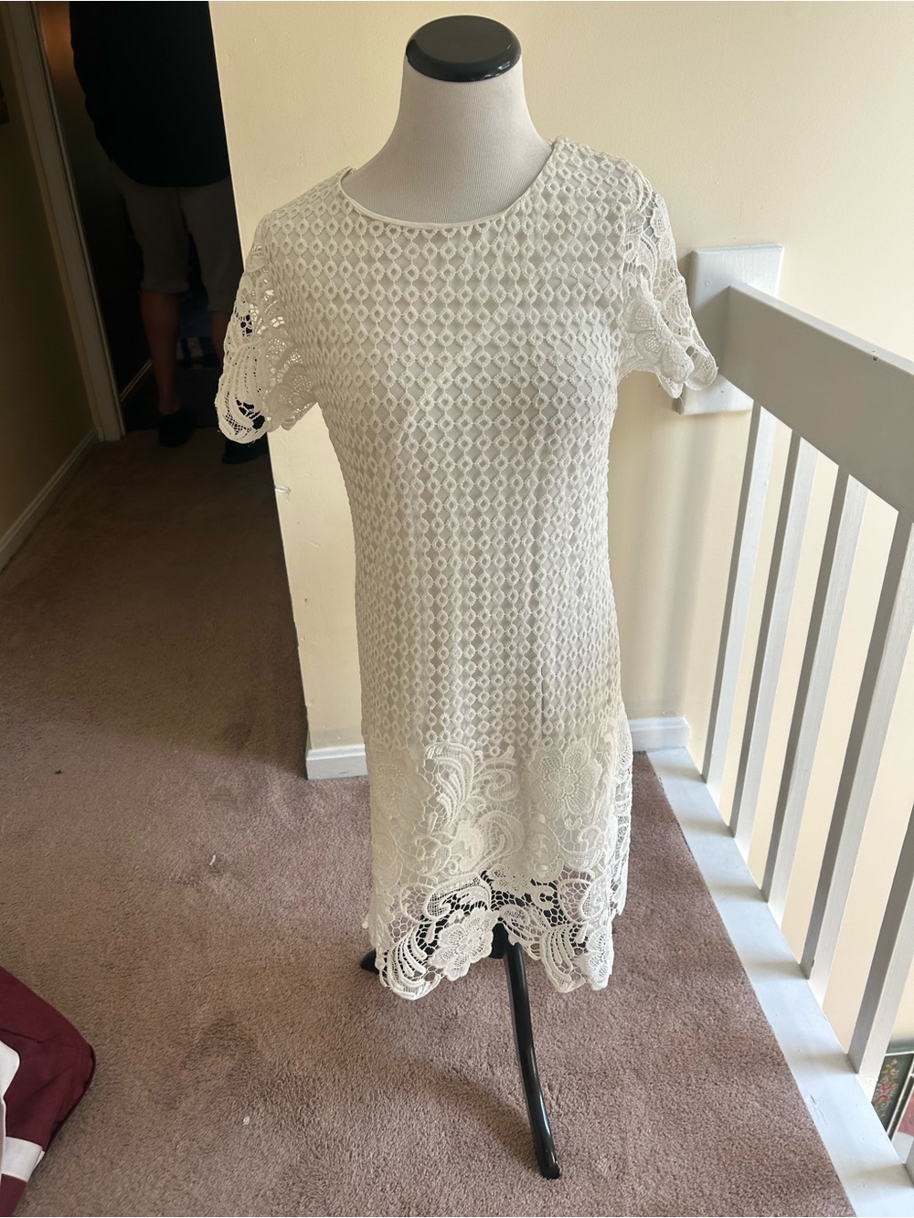 Crochet Lace Short Sleeve Mini Dress in Cream